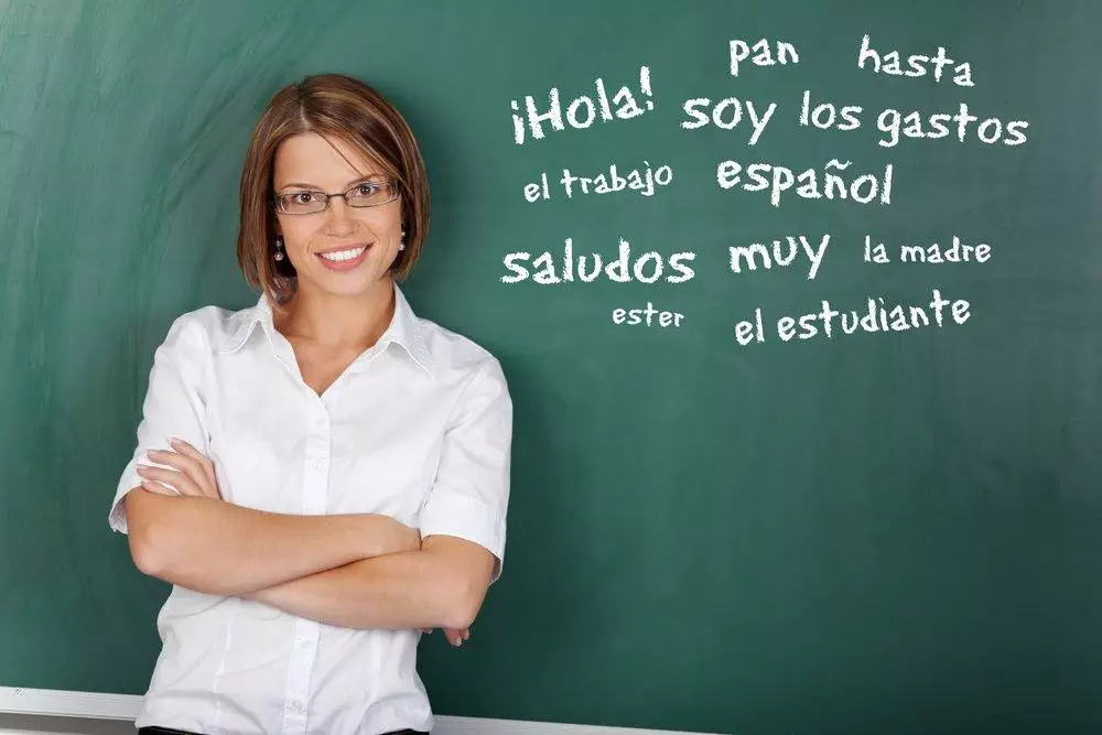 woman with glasses teaching Spanish subject at the classroom.